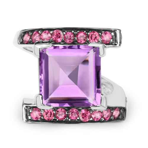 Bids.com 6.90 Carat Genuine Amethyst and Rhodolite .925 Sterling Silver Ring Rings White Smoke size 7.00,size 6.00,size 8.00,size 9.00