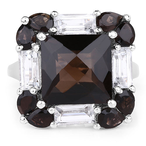 Bids.com 7.43 Carat Genuine Smoky Quartz & White Topaz .925 Sterling Silver Ring Rings White Smoke size 8.00,size 6.00,size 7.00,size 9.00,size 5.00,size 10.00