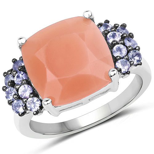 Bids.com 6.18 Carat Genuine Peach Moonstone and Tanzanite .925 Sterling Silver Ring Rings White Smoke size 7.00,size 8.00,size 9.00,size 6.00