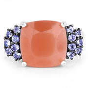 Bids.com 6.18 Carat Genuine Peach Moonstone and Tanzanite .925 Sterling Silver Ring Rings White Smoke size 7.00,size 8.00,size 9.00,size 6.00