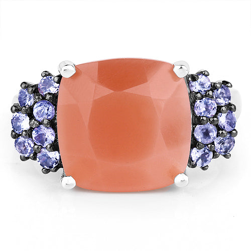Bids.com 6.18 Carat Genuine Peach Moonstone and Tanzanite .925 Sterling Silver Ring Rings White Smoke size 7.00,size 8.00,size 9.00,size 6.00
