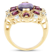 Bids.com 14K Yellow Gold Plated 6.80 Carat Genuine Amethyst, Rhodolite & Blue Topaz .925 Sterling Silver Ring Rings White Smoke size 5.00,size 6.00,size 7.00,size 8.00,size 9.00