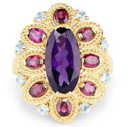 Bids.com 14K Yellow Gold Plated 6.80 Carat Genuine Amethyst, Rhodolite & Blue Topaz .925 Sterling Silver Ring Rings White Smoke size 5.00,size 6.00,size 7.00,size 8.00,size 9.00