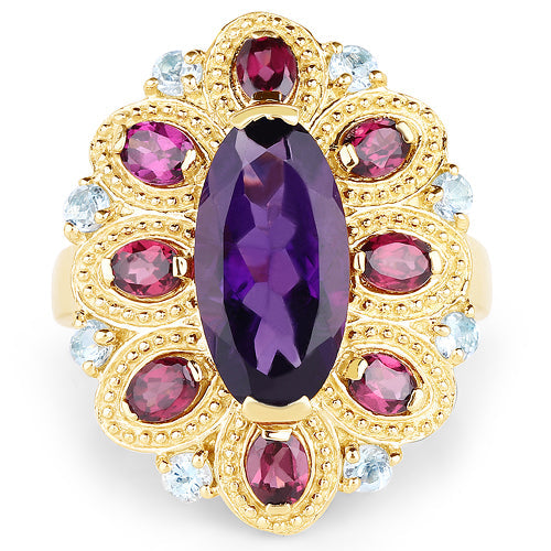 Bids.com 14K Yellow Gold Plated 6.80 Carat Genuine Amethyst, Rhodolite & Blue Topaz .925 Sterling Silver Ring Rings White Smoke size 5.00,size 6.00,size 7.00,size 8.00,size 9.00