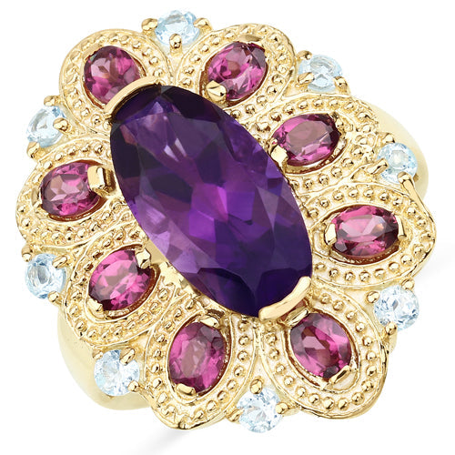 Bids.com 6.80 Carat Genuine Amethyst, Rhodolite and Blue Topaz .925 Sterling Silver Ring Rings White Smoke size 7.75,size 8.00,size 5.00,size 6.00,size 7.00,size 9.00