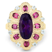 Bids.com 6.80 Carat Genuine Amethyst, Rhodolite and Blue Topaz .925 Sterling Silver Ring Rings White Smoke size 7.75,size 8.00,size 5.00,size 6.00,size 7.00,size 9.00
