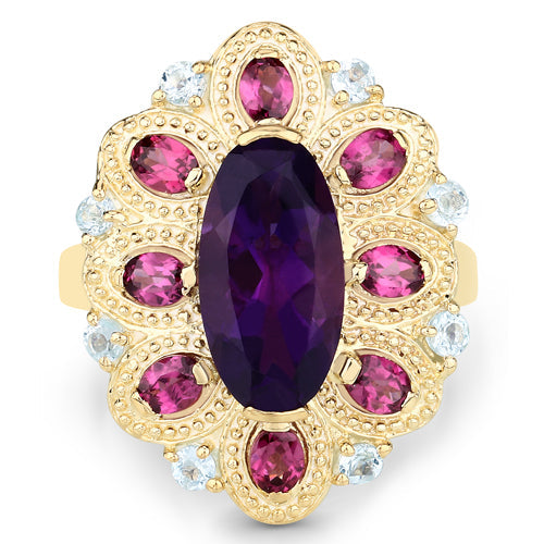 Bids.com 6.80 Carat Genuine Amethyst, Rhodolite and Blue Topaz .925 Sterling Silver Ring Rings White Smoke size 7.75,size 8.00,size 5.00,size 6.00,size 7.00,size 9.00