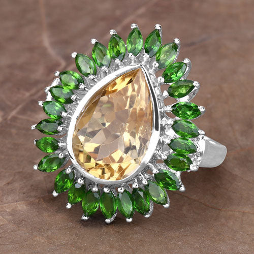 Bids.com 7.02 Carat Genuine Citrine and Chrome Diopside .925 Sterling Silver Ring Rings Dim Gray size 6.00,size 8.00,size 7.00,size 9.00,size 5.00