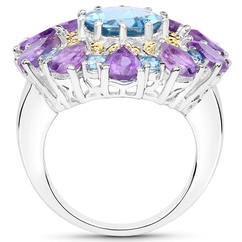 Bids.com 8.86 Carat Genuine London Blue Topaz and Amethyst .925 Sterling Silver Ring Rings White Smoke size 7.00,size 8.00,size 6.00,size 9.00