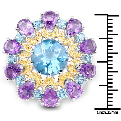 Bids.com 8.86 Carat Genuine London Blue Topaz and Amethyst .925 Sterling Silver Ring Rings White Smoke size 7.00,size 8.00,size 6.00,size 9.00