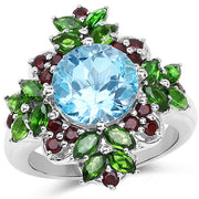 Bids.com 5.76 Carat Genuine Blue Topaz, Chrome Diopside & Garnet .925 Sterling Silver Ring Rings White Smoke size 6.00,size 7.00,size 8.00,size 9.00,size 5.00,size 10.00
