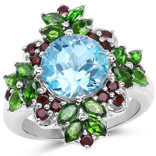 Bids.com 5.76 Carat Genuine Blue Topaz, Chrome Diopside & Garnet .925 Sterling Silver Ring Rings White Smoke size 6.00,size 7.00,size 8.00,size 9.00,size 5.00,size 10.00
