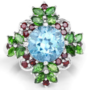 Bids.com 5.76 Carat Genuine Blue Topaz, Chrome Diopside & Garnet .925 Sterling Silver Ring Rings White Smoke size 6.00,size 7.00,size 8.00,size 9.00,size 5.00,size 10.00