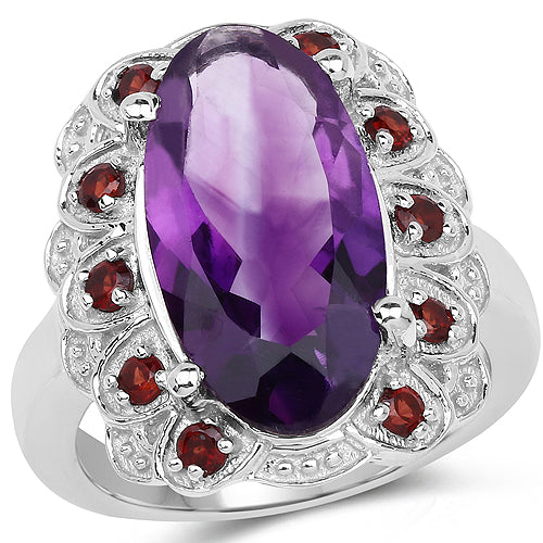 Bids.com 6.40 Carat Genuine Amethyst and Garnet .925 Sterling Silver Ring Rings White Smoke size 6.00,size 7.00,size 8.00,size 9.00