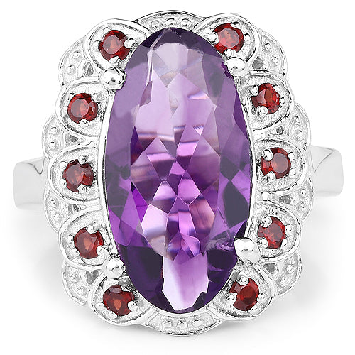 Bids.com 6.40 Carat Genuine Amethyst and Garnet .925 Sterling Silver Ring Rings White Smoke size 6.00,size 7.00,size 8.00,size 9.00