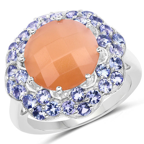 Bids.com 7.20 Carat Genuine Peach Moonstone and Tanzanite .925 Sterling Silver Ring Rings White Smoke size 7.00,size 8.00,size 9.00,size 6.00