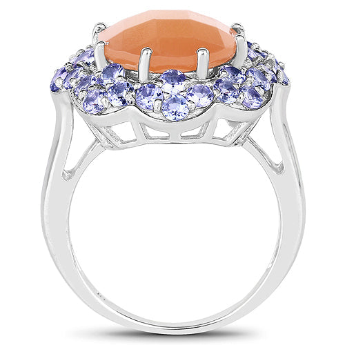 Bids.com 7.20 Carat Genuine Peach Moonstone and Tanzanite .925 Sterling Silver Ring Rings White Smoke size 7.00,size 8.00,size 9.00,size 6.00