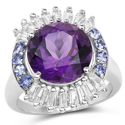 Bids.com 5.24 Carat Genuine Amethyst, Tanzanite & White Topaz .925 Sterling Silver Ring Rings White Smoke size 7.00,size 8.00,size 6.00,size 9.00,size 5.00,size 10.00