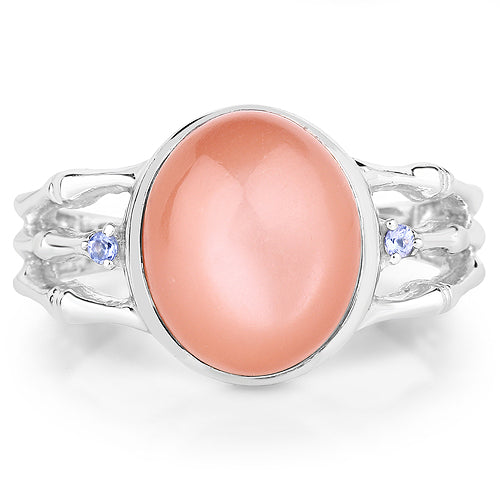 Bids.com 6.54 Carat Genuine Peach Moonstone and Tanzanite .925 Sterling Silver Ring Rings White Smoke size 7.00,size 9.00,size 6.00,size 8.00