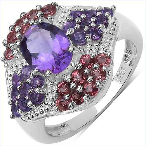 Bids.com 2.24 Carat Genuine Amethyst and Rhodolite .925 Sterling Silver Ring Rings White Smoke size 7.00,size 6.00,size 8.00