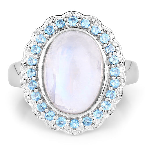 Bids.com 7.21 Carat Genuine White Rainbow Moonstone & Swiss Blue Topaz .925 Sterling Silver Ring Rings White Smoke size 7.00,size 8.00,size 5.00,size 6.00,size 9.00
