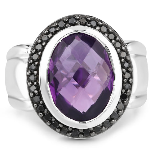 Bids.com 5.35 Carat Genuine Amethyst and Black Spinel .925 Sterling Silver Ring Rings White Smoke size 6.00,size 7.00,size 8.00