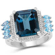 Bids.com 8.17 Carat Genuine London Blue Topaz and Swiss Blue Topaz .925 Sterling Silver Ring Rings White Smoke size 6.00,size 7.00,size 8.00,size 9.00,size 5.00