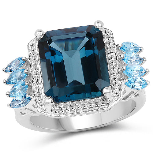 Bids.com 8.17 Carat Genuine London Blue Topaz and Swiss Blue Topaz .925 Sterling Silver Ring Rings White Smoke size 6.00,size 7.00,size 8.00,size 9.00,size 5.00