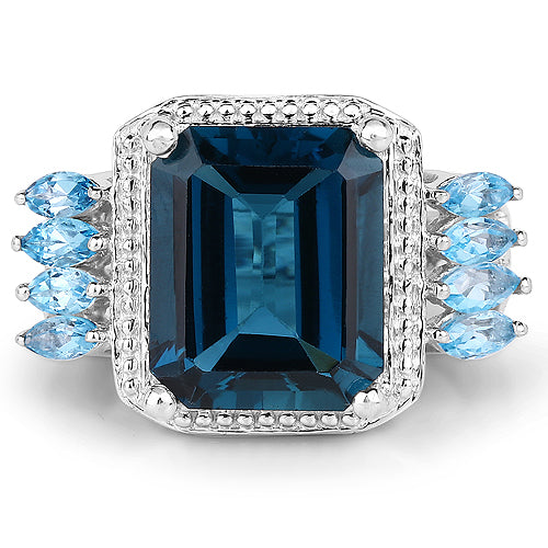 Bids.com 8.17 Carat Genuine London Blue Topaz and Swiss Blue Topaz .925 Sterling Silver Ring Rings White Smoke size 6.00,size 7.00,size 8.00,size 9.00,size 5.00