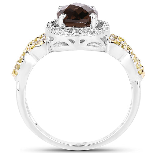 Bids.com 1.90 Carat Genuine Smoky Quartz, Yellow Diamond & White Diamond .925 Sterling Silver Ring Rings White Smoke size 8.00,size 6.00,size 7.00,size 9.00,size 5.00,size 10.00