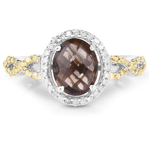 Bids.com 1.90 Carat Genuine Smoky Quartz, Yellow Diamond & White Diamond .925 Sterling Silver Ring Rings White Smoke size 8.00,size 6.00,size 7.00,size 9.00,size 5.00,size 10.00