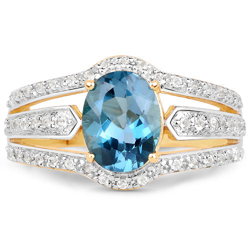Bids.com 14K Yellow Gold Plated 2.30 Carat Genuine London Blue Topaz and White Topaz .925 Sterling Silver Ring Rings White Smoke size 7.00,size 6.00,size 8.00,size 9.00