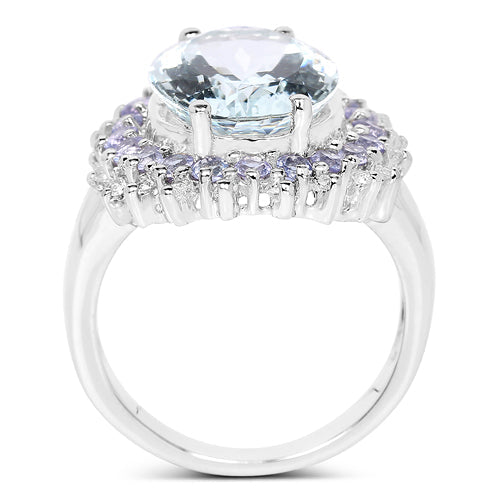 Bids.com 5.30 Carat Genuine Aquamarine, Tanzanite & White Topaz .925 Sterling Silver Ring Rings White Smoke size 6.00,size 7.00,size 8.00,size 9.00,size 5.00