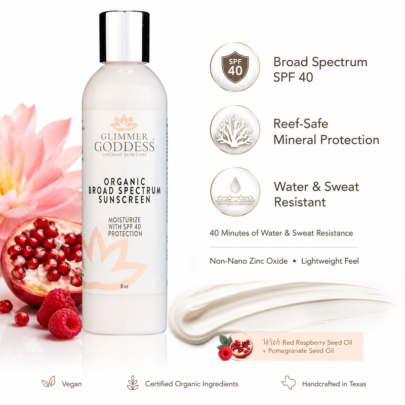 Glimmer Goddess® Organic Skin Care Organic Reef-Safe Sunscreen – Broad Spectrum SPF 40 Lotions & Creams White Smoke Regular / 8 oz.,Regular / 4 oz.,Unscented / 8 oz.,Unscented / 4 oz.