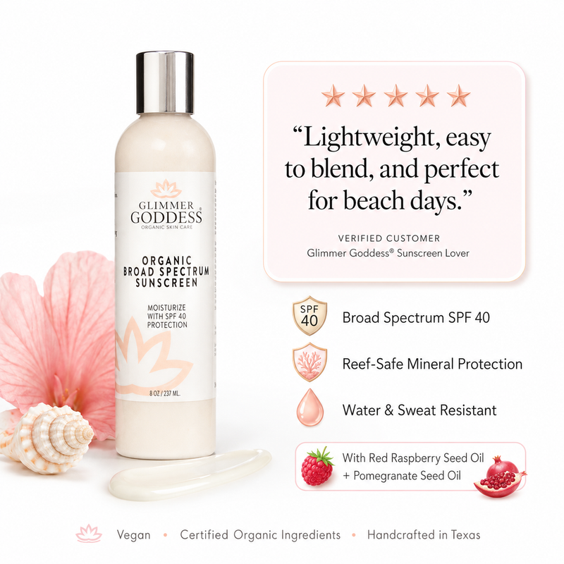 Glimmer Goddess® Organic Skin Care Organic Reef-Safe Sunscreen – Broad Spectrum SPF 40 Lotions & Creams White Smoke Regular / 8 oz.,Regular / 4 oz.,Unscented / 8 oz.,Unscented / 4 oz.