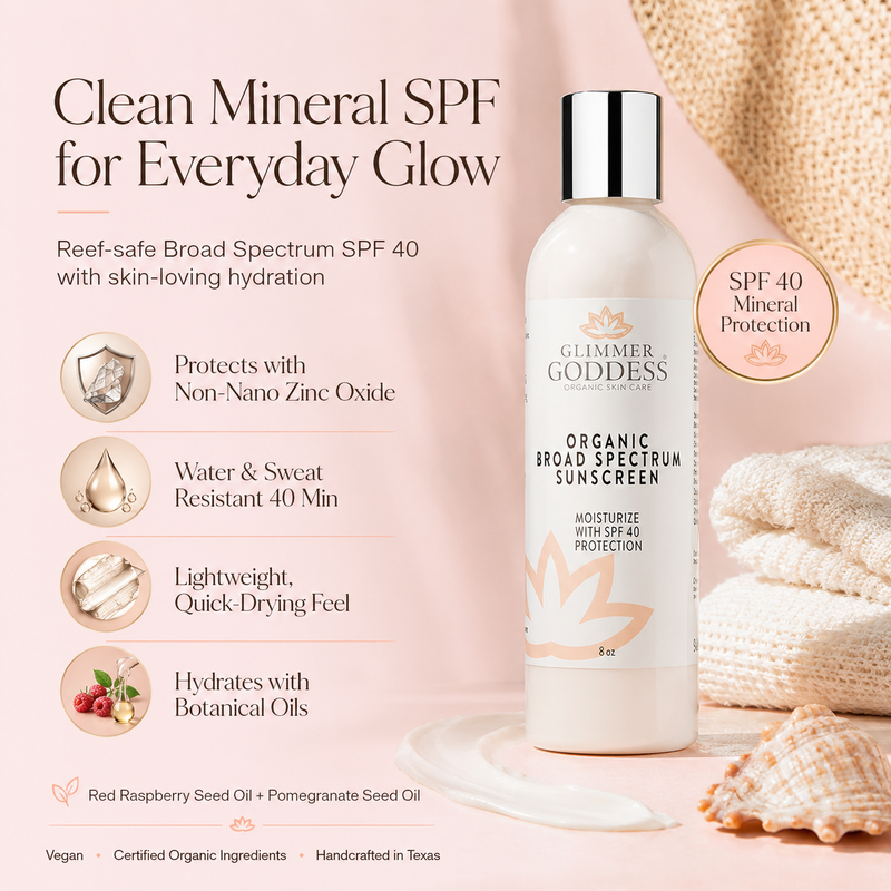 Glimmer Goddess® Organic Skin Care Organic Reef-Safe Sunscreen – Broad Spectrum SPF 40 Lotions & Creams Misty Rose Regular / 8 oz.,Regular / 4 oz.,Unscented / 8 oz.,Unscented / 4 oz.