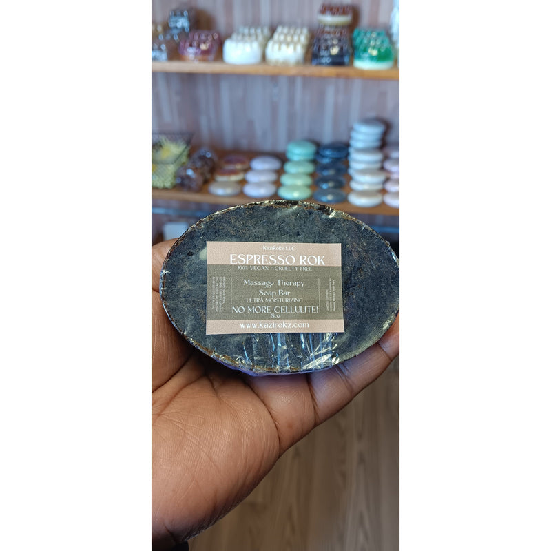 KaziRokz Espresso Rok Massage Therapy Soap Bar 5oz.(100% Vegan / Cruelty Free) Aloe Vera + Coffe Beans. Dark Olive Green