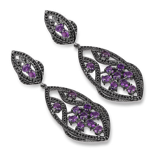 Bids.com 5.74 Carat Genuine Amethyst and Black Spinel .925 Sterling Silver Earrings Earrings White Smoke