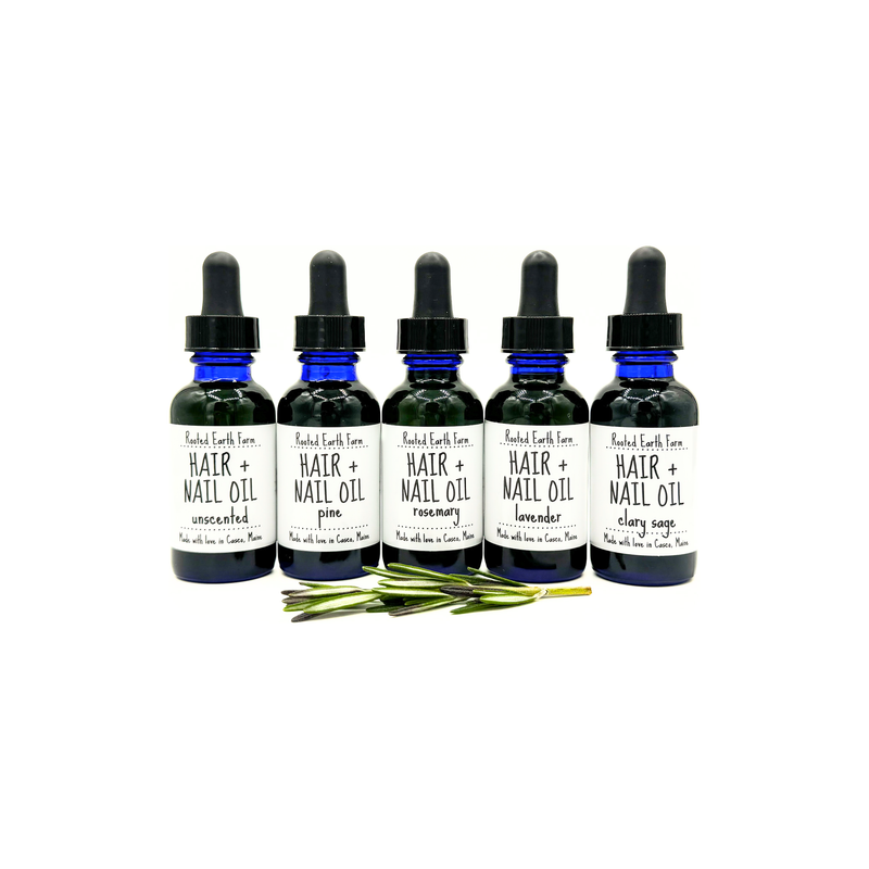 Rooted Earth Farm + Apothecary Herbal Hair + Nail Oil Hair + Nail Care White Smoke unscented / 1 oz,rosemary / 1 oz,pine / 1 oz,clary sage / 1 oz,lavender / 1 oz,unscented / 2 oz,rosemary / 2 oz,pine / 2 oz,clary sage / 2 oz,lavender / 2 oz