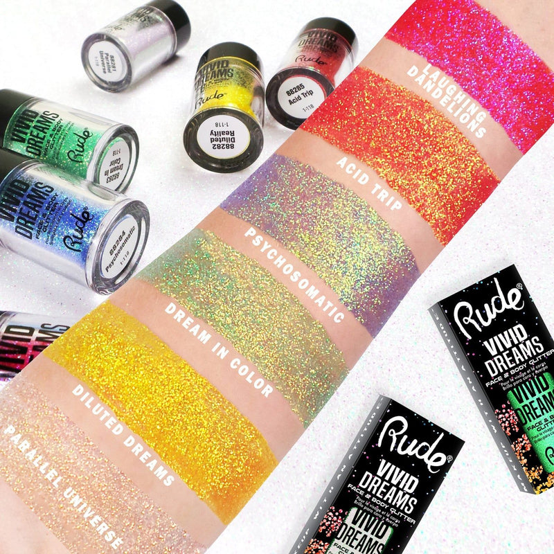 Rude Cosmetics Vivid Dreams Face & Body Glitter Loose Glitter & Pigments Light Gray Parallel Universe,Diluted Reality,Dream in Color,Psychosomatic,Acid Trip,Laughing Dandelions,Dreamscape,Visionary,Multiverse,Night Terrors,Daydream,Cloud 9,Galaxy Cluster,Sweet Escape,Delusion,Fragmented Reality,Paralysis,Nirvana