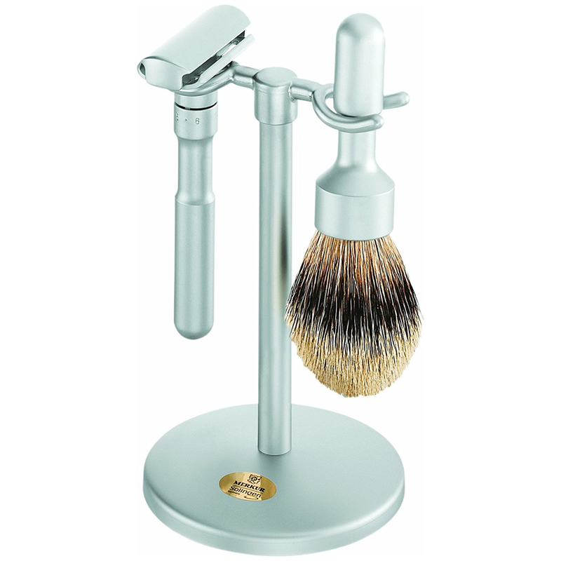 Merkur Merkur Futur Brushed Chrome Stand, Adjustable Safety Razor & Badger Brush 3 Piece Shaving Set Shaving Set Light Gray