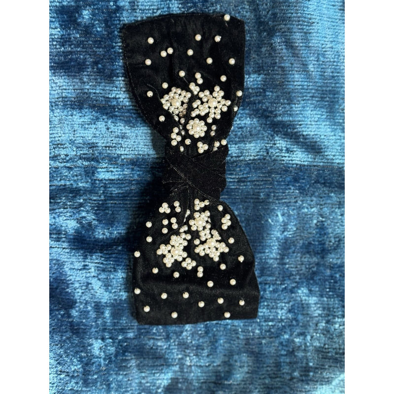 VIP Extensions Namjosh Embroidered Velvet Black Bow with Pearl Accents Hair Accessories Black