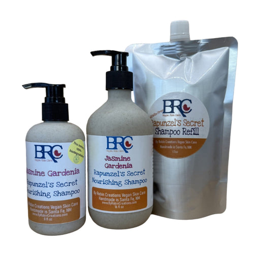 By Robin Creations Rapunzel's Secret Sulfate-Free Moisturizing Shampoo Hair, Brows & Eyelashes White Smoke Lemongrass Eucalyptus / 8 oz Biodegradable Pump Bottle,Lemongrass Eucalyptus / 16 oz Biodegradable Pump Bottle,Lemongrass Eucalyptus / 17 oz Refill Pouch,Jasmine-Gardenia / 8 oz Biodegradable Pump Bottle,Jasmine-Gardenia / 16 oz Biodegradable Pump Bottle,