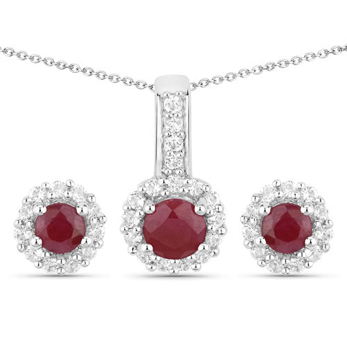 Bids.com 2.17 Carat Genuine Ruby and White Topaz .925 Sterling Silver Jewelry Set Jewelry Sets White Smoke size 18.00,size 20.00