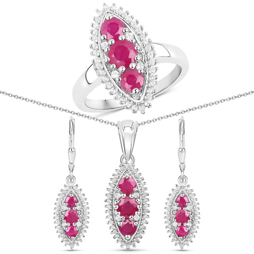 Bids.com 4.32 Carat Genuine Ruby and White Topaz .925 Sterling Silver 3 Piece Jewelry Set (Ring, Earrings, and Pendant w/ Chain) Jewelry Sets White Smoke size 7.00,size 6.00,size 8.00,size 5.00,size 9.00