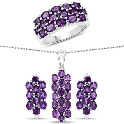 Bids.com 8.32 Carat Genuine Amethyst .925 Sterling Silver Jewelry Set Jewelry Sets White Smoke size 6.00,size 7.00,size 8.00,size 5.00,size 9.00