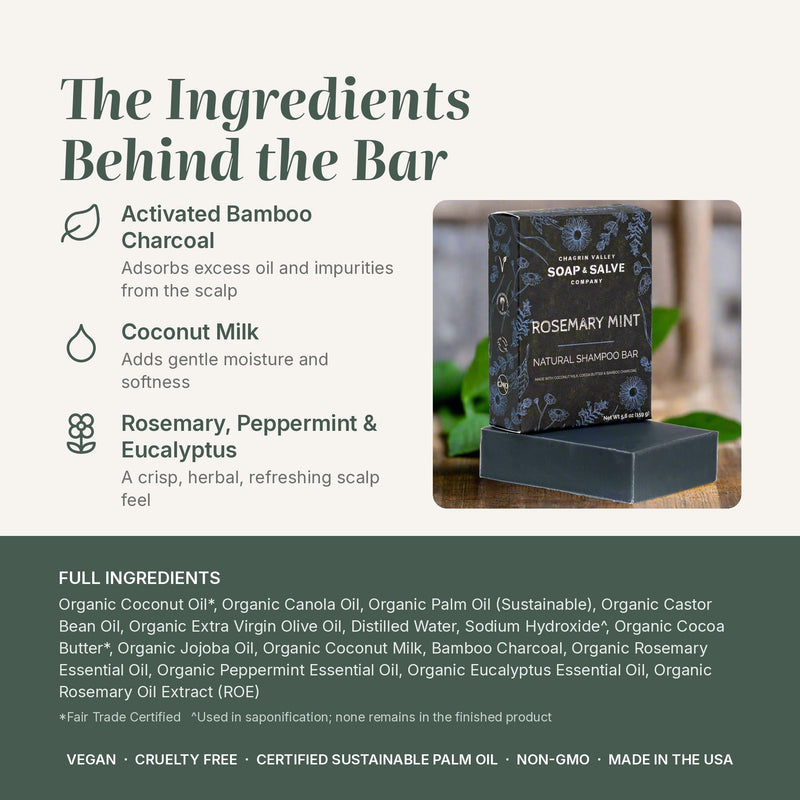 Chagrin Valley Soap & Salve Shampoo Bar: Rosemary Mint Charcoal Shampoo Bar Seashell Full Bar 5.6 oz,Travel Size Bar 1.7 oz