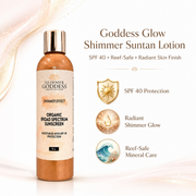 Glimmer Goddess® Organic Skin Care Goddess Glow Shimmer Suntan Lotion SPF 40 – Reef-Safe Radiance Lotions & Creams White Smoke 8 oz.,4 oz.