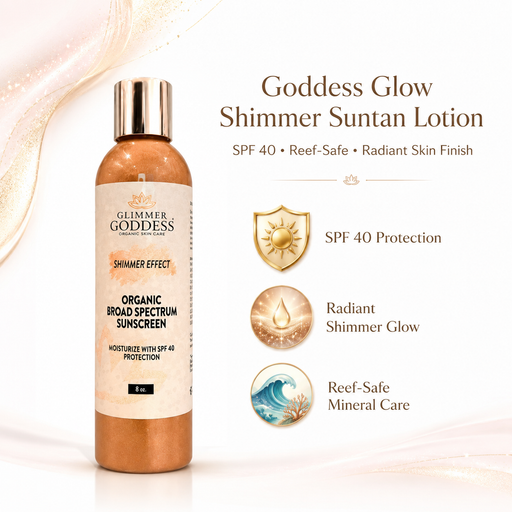 Glimmer Goddess® Organic Skin Care Goddess Glow Shimmer Suntan Lotion SPF 40 – Reef-Safe Radiance Lotions & Creams White Smoke 8 oz.,4 oz.