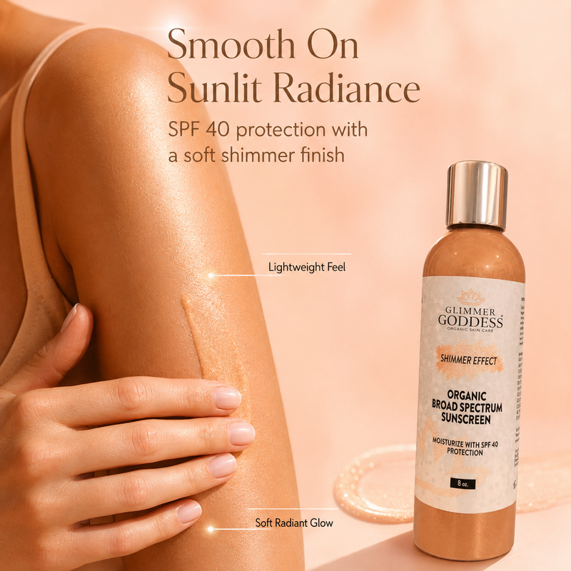 Glimmer Goddess® Organic Skin Care Goddess Glow Shimmer Suntan Lotion SPF 40 – Reef-Safe Radiance Lotions & Creams Peach Puff 8 oz.,4 oz.